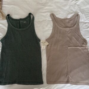 aerie Ribbed Tank Tops — Green & Taupe